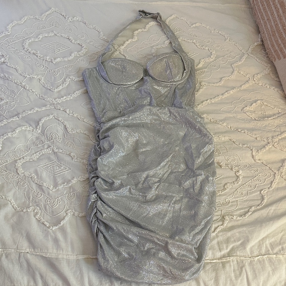 zeagoo Silver Shimmer Halter Ruched Bodycon Dress